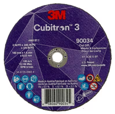 3M Cubitron 3 Cut-Off Wheel, 90034, 36+, T1, 4 in x 0.045 in x 3/8 in (100 x 1.6 x 9.53 mm), ANSI, 25/Pack, 50 ea/Case - 7100304004