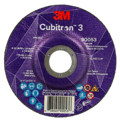 3M Cubitron 3 Cut-Off Wheel, 90053, 60+, T27, 4-1/2 in x 0.04 in x 7/8 in (115 x 1 x 22.23 mm), ANSI, 25/Pack, 50 ea/Case - 7100304308