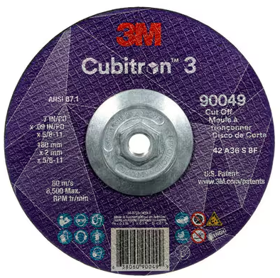 3M Cubitron 3 Cut-Off Wheel, 90049, 36+, T27, 7 in x 0.09 in x 5/8 in-11 (180 x 2 mm x 5/8-11 in), ANSI, 10 ea/Case - 7100312963