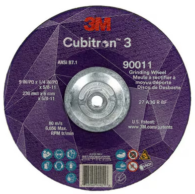 3M Cubitron 3 Depressed Center Grinding Wheel, 90011, 36+, T27, 9 in x 1/4 in x 5/8 in-11 (230x6mmx5/8-11in), ANSI, 10 ea/Case - 7100312964