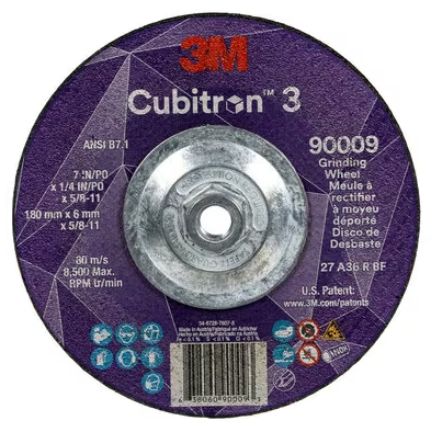 3M Cubitron 3 Depressed Center Grinding Wheel, 90009, 36+, T27, 7 in x 1/4 in x 5/8 in-11 (180x6mmx5/8-11in), ANSI, 10 ea/Case - 7100312965