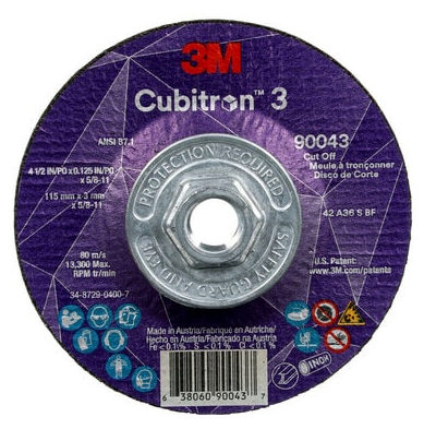 3M Cubitron 3 Cut-Off Wheel, 90043, 36+, T27, 4-1/2 in x 0.125 in x 5/8 in-11 (115 x 3 mm x 5/8-11 in), ANSI, 10 ea/Case - 7100313187