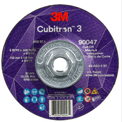 3M Cubitron 3 Cut-Off Wheel, 90047, 60+, T27, 6 in x 0.045 in x 5/8 in-11 (150 x 1.6 mm x 5/8-11 in), ANSI, 10 ea/Case - 7100313188