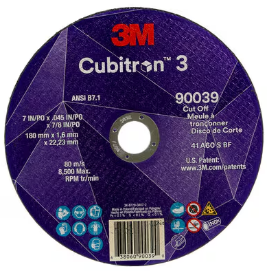 3M Cubitron 3 Cut-Off Wheel, 90039, 60+, T1, 7 in x 0.45 in x 7/8 in(180 x 1.6 x 22.23 mm), ANSI, 25/Pack, 50 ea/Case - 7100313189