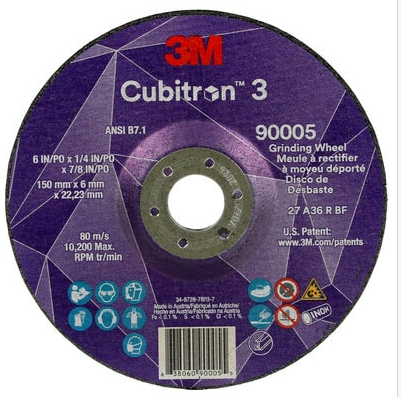 3M Cubitron 3 Depressed Center Grinding Wheel, 90005, 36+, T27, 6 in x 1/4 in x 7/8 in (150x6x22.23mm) ANSI, 10/Pack, 20 ea/Case - 7100313193