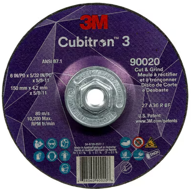 3M Cubitron 3 Cut and Grind Wheel, 90020, 36+, T27, 6 in x 5/32 in x 5/8 in-11 (150 x 4.2 mm x 5/8-11 in), ANSI, 10 ea/Case - 7100313196