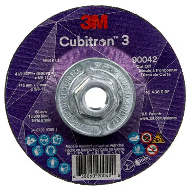 3M Cubitron 3 Cut-Off Wheel, 90042, 36+, T27, 4-1/2 in x 0.09 in x 5/8 in-11 (115 x 2 mm x 5/8-11 in), ANSI, 10 ea/Case - 7100313200