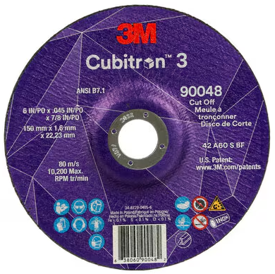 3M Cubitron 3 Cut-Off Wheel, 90048, 60+, T27, 6 in x 0.045 in x 7/8 in (150 x 1.6 x 22.23 mm), ANSI, 25/Pack, 50 ea/Case - 7100313201