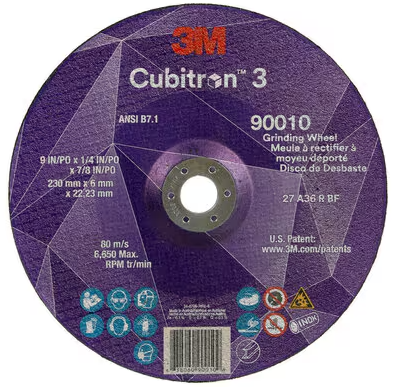 3M Cubitron 3 Depressed Center Grinding Wheel, 90010, 36+, T27, 9 in x 1/4 in x 7/8 in (230x6x22.23mm) ANSI, 10/Pack, 20 ea/Case - 7100313202