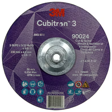 3M Cubitron 3 Cut and Grind Wheel, 90024, 36+, T27, 9 in x 5/32 in x 5/8 in-11 (230 x 4.2 mm x 5/8-11 in), ANSI, 10 ea/Case - 7100313203