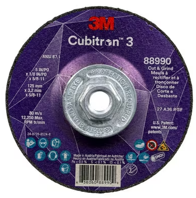 3M Cubitron 3 Cut and Grind Wheel, 88990, 36+, T27, 5 in x 1/8 in x 5/8 in-11 (125 x 3.2 mm x 5/8-11 in), ANSI, 10 ea/Case - 7100313204