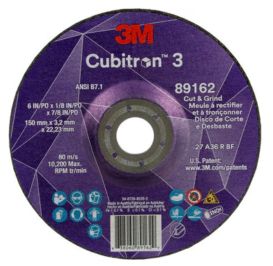 3M Cubitron 3 Cut and Grind Wheel, 89162, 36+, T27, 6 in x 1/8 in x 7/8 in (150 x 3.2 x 22.23 mm), ANSI, 10/Pack, 20 ea/Case - 7100313586
