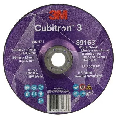 3M Cubitron 3 Cut and Grind Wheel, 89163, 36+, T27, 7 in x 1/8 in x 7/8 in (180 x 3.2 x 22.23 mm), ANSI, 10/Pack, 20 ea/Case - 7100313588
