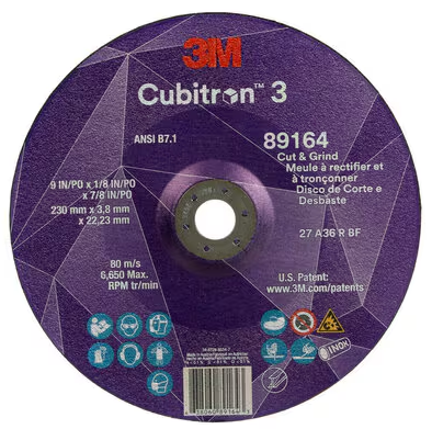 3M Cubitron 3 Cut and Grind Wheel, 89164, 36+, T27, 9 in x 1/8 in x 7/8 in (230 x 3.2 x 22.23 mm), ANSI, 10/Pack, 20 ea/Case - 7100313759