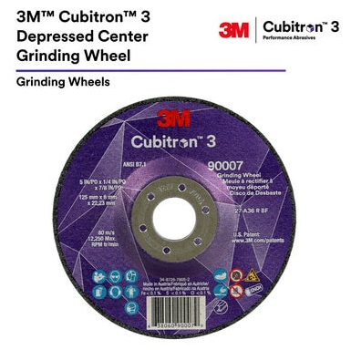 3M Cubitron 3 Depressed Center Grinding Wheel, 66202, 36+, Type 27, 4-1/2 in x 1/4 in x 5/8 in-11, ANSI, 10 ea/Case, Trial Pack - 7100316886