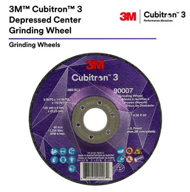 3M Cubitron 3 Depressed Center Grinding Wheel, 66203, 36+, Type 27, 4-1/2 in x 1/4 in x 7/8 in, ANSI, 10 ea/Case - 7100317727