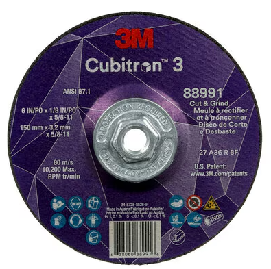 3M Cubitron 3 Cut and Grind Wheel, 88991, 36+, T27, 6 in x 1/8 in x 5/8 in-11 (150 x 3.2 mm x 5/8-11 in), ANSI, 10 ea/Case - 7100313205