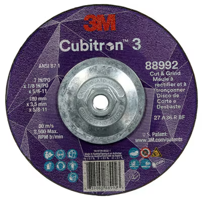 3M Cubitron 3 Cut and Grind Wheel, 88992, 36+, T27, 7 in x 1/8 in x 5/8 in-11 (180 x 3.2 mm x 5/8-11 in), ANSI, 10 ea/Case - 7100313195