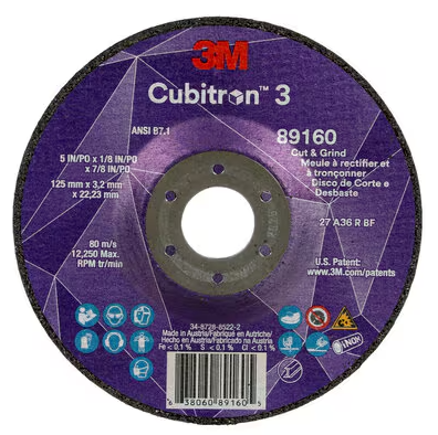 3M Cubitron 3 Cut and Grind Wheel, 89160, 36+, T27, 5 in x 1/8 in x 7/8 in (125 x 3.2 x 22.23 mm), ANSI, 10/Pack, 20 ea/Case - 7100305151