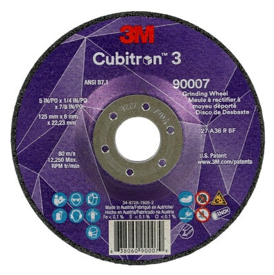3M Cubitron 3 Depressed Center Grinding Wheel, 90007, 36+, T27, 5 in x 1/4 in x 7/8 in (125x6x22.23mm) ANSI, 10/Pack, 20 ea/Case - 7100303967