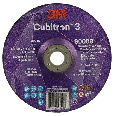 3M Cubitron 3 Depressed Center Grinding Wheel, 90008, 36+, T27, 7 in x 1/4 in x 7/8 in (180x6x22.23mm) ANSI, 10/Pack, 20 ea/Case - 7100313198