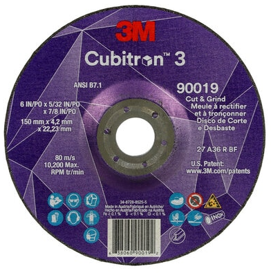 3M Cubitron 3 Cut and Grind Wheel, 90019, 36+, T27, 6 in x 5/32 in x 7/8 in (150 x 4.2 x 22.23 mm), ANSI, 10/Pack, 20 ea/Case - 7100313552