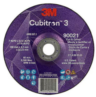 3M Cubitron 3 Cut and Grind Wheel, 90021, 36+, T27, 7 in x 5/32 in x 7/8 in (180 x 4.2 x 22.23 mm), ANSI, 10/Pack, 20 ea/Case - 7100313206