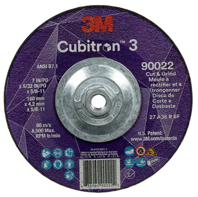 3M Cubitron 3 Cut and Grind Wheel, 90022, 36+, T27, 7 in x 5/32 in x 5/8 in-11 (180 x 4.2 mm x 5/8-11 in), ANSI, 10 ea/Case - 7100313551
