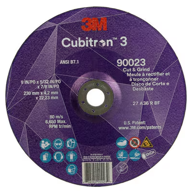 3M Cubitron 3 Cut and Grind Wheel, 90023, 36+, T27, 9 in x 5/32 in x 7/8 in (230 x 4.2 x 22.23 mm), ANSI, 10/Pack, 20 ea/Case - 7100313199