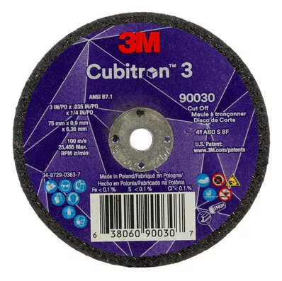 3M Cubitron 3 Cut-Off Wheel, 90030, 60+, T1, 3 in x 0.035 in x 1/4 in (75 x 0.9 x 6.35 mm), ANSI, 25/Pack, 50 ea/Case - 7100303860