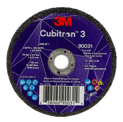3M Cubitron 3 Cut-Off Wheel, 90031, 60+, T1, 3 in x 0.035 in x 3/8 in (75 x 0.9 x 9.53 mm), ANSI, 25/Pack, 50 ea/Case - 7100303859