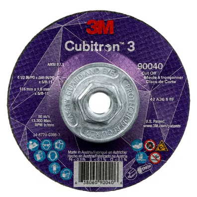 3M Cubitron 3 Cut-Off Wheel, 90040, 36+, T27, 4-1/2 in x 0.045 in x 5/8 in-11 (115 x 1.6 mm x 5/8-11 in), ANSI, 10 ea/Case - 7100313192