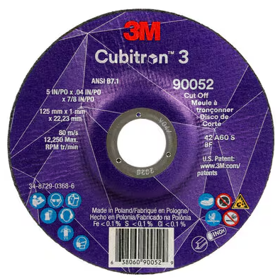 3M Cubitron 3 Cut-Off Wheel, 90052, 60+, T27, 5 in x 0.04 in x 7/8 in (125 x 1 x 22.23 mm), ANSI, 25/Pack, 50 ea/Case - 7100303856