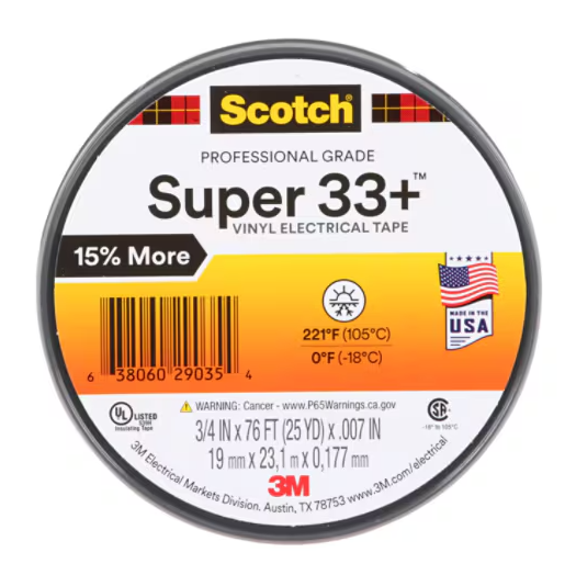 3M 29035 Scotch Super 33+ Vinyl Electrical Tape, 3/4 in x 76 ft, 1 in Core, Black, 10 rolls/carton, 100 rolls/Case