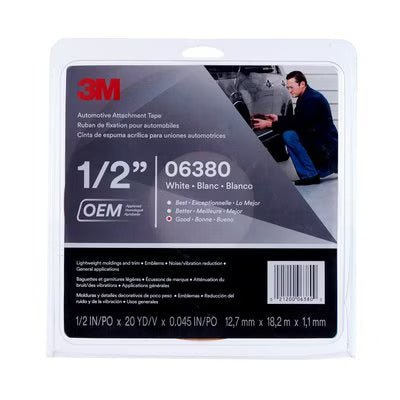 3M Automotive Attachment Tape 06380, White, 1.52 mm. 1/2 in x 20 yd, 12 Roll/Case - WesTorque