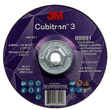 3M Cube 3 Cut & Grind Wheel 88991 36+ T27 6 inx1/8 inx5/8 in - 11 150x3.2mmx5/8 - 11 in ANSI 7100313205 - WesTorque