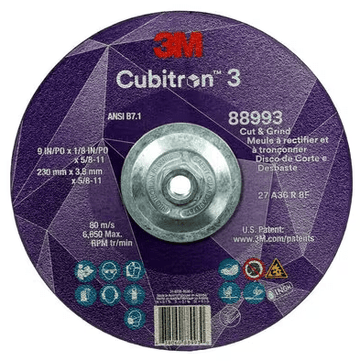 3M Cube 3 Cut & Grind Wheel 88993 36+ T27 9 inx1/8 inx5/8 in - 11 230x3.2mmx5/8 - 11 in ANSI 7100313197 - WesTorque
