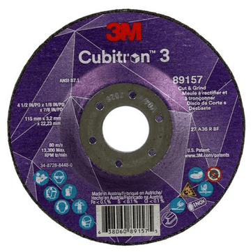 3M Cube 3 Cut & Grind Wheel 89157 36+ T27 4 - 1/2 inx1/8 inx7/8 in 115x3.2x22.23mm ANSI 10/Pk 7100305149 - WesTorque