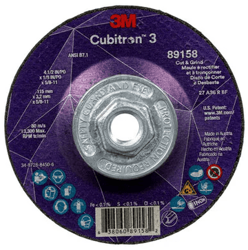 3M Cube 3 Cut & Grind Wheel 89158 36+ T27 4 - 1/2 inx1/8 inx5/8 in - 11 115x3.2mmx5/8 - 11 in ANSI 7100313760 - WesTorque