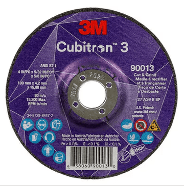 3M Cube 3 Cut & Grind Wheel 90013 36+ T27 4 in x 5/32 in x 5/8 in (100 x 4.2 x 15.88 mm) 7100305443 - WesTorque