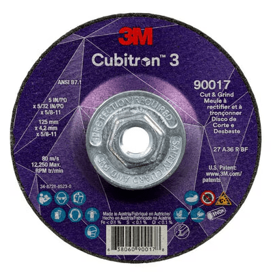 3M Cube 3 Cut & Grind Wheel 9017 36+ T27 5 inx5/32 inx5/8 in - 11 125x4.2mmx5/8 - 11 in ANSI 7100313550 - WesTorque