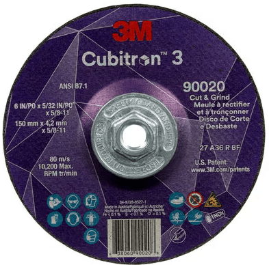 3M Cube 3 Cut & Grind Wheel 9020 36+ T27 6 inx5/32 inx5/8 in - 11 150x4.2mmx5/8 - 11 in ANSI 7100313196 - WesTorque