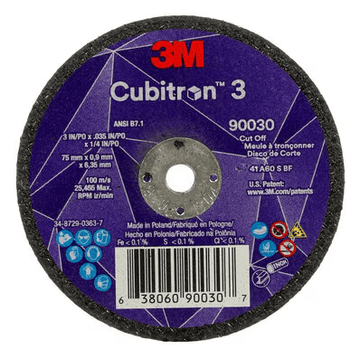 3M Cube 3 Cut - Off Wheel 9030 60 T1 3 inx0.035 inx1/4 in 75x0.9x6.35mm ANSI 25/Pk 50 ea/Cs 7100303860 - WesTorque