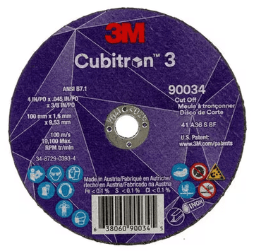 3M Cube 3 Cut - Off Wheel 9034 36+ T1 4 inx0.045 inx3/8 in 100x1.6x9.53mm ANSI 25/Pk 50 ea/Cs 7100304004 - WesTorque