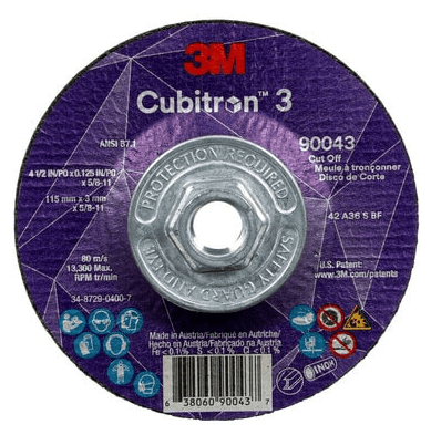 3M Cube 3 Cut - Off Wheel 9043 36+ T27 4 - 1/2 inx0.125 inx5/8 in - 11 (115x3mmx5/8 - 11 in) ANSI 7100313187 - WesTorque