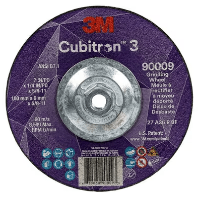 3M Cube 3 Depr. Center Grinding Wheel 9009 36+ T27 7 inx1/4 inx5/8 in - 11 180x6mmx5/8 - 11in ANSI - WesTorque