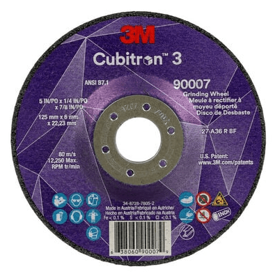 3M Cube 3 Depressed Center Grinding Wheel 9007 36+ T27 5 inx1/4 inx7/8 in (125x6x22.23mm) 7100303967 - WesTorque