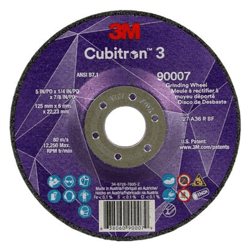 3M Cube 3 Depressed Center Grinding Wheel 9007 36+ T27 5 inx1/4 inx7/8 in (125x6x22.23mm) 7100303967 - WesTorque