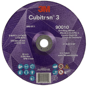 3M Cube 3 Depressed Center Grinding Wheel 9010 36+ T27 9 inx1/4 inx7/8 in (230x6x22.23mm) 7100313202 - WesTorque