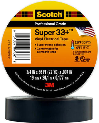Scotch Super 33+ Vinyl Electrical Tape 49971, 3/4 in x 66 ft, 1-1/2 in Core,Black, 100 rolls/Case